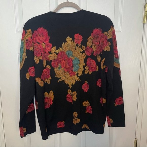 Angelo Marani Made in Italy 100% Wool Crewneck Black Floral Rose Sweater Medium - Picture 3 of 6